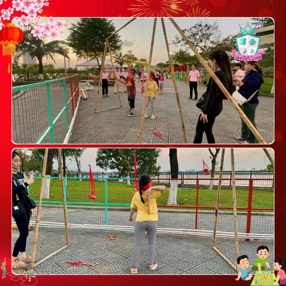 Cận cảnh các đạo cụ bịt mắt đập niêu bao gồm niêu đất, gậy tre và khăn bịt mắt đỏ