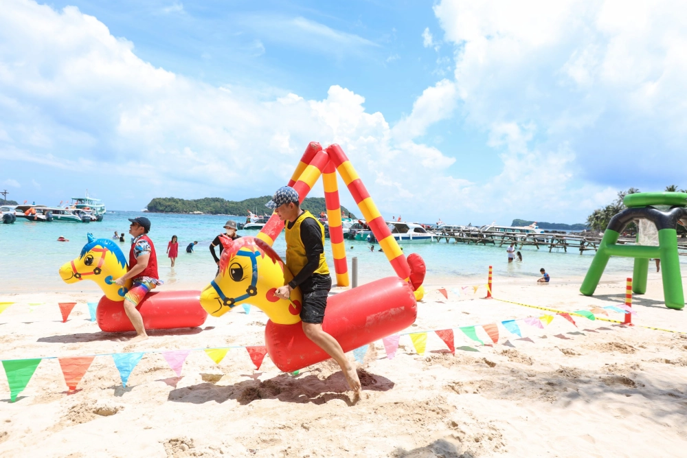 Những chú thú nhún hình con thú đầy màu sắc được chuẩn bị cho cuộc đua thú nhún mầm non của các bé