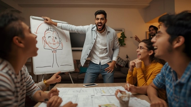 Quản trò đang trình chiếu slide đuổi hình bắt chữ hài hước cho cả khán phòng quan sát