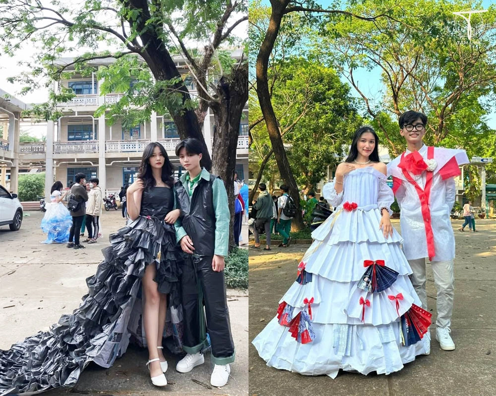 Đạo cụ trình diễn thời trang báo giấy như quạt và túi xách làm thủ công giúp bộ trang phục nữ thêm phần ấn tượng