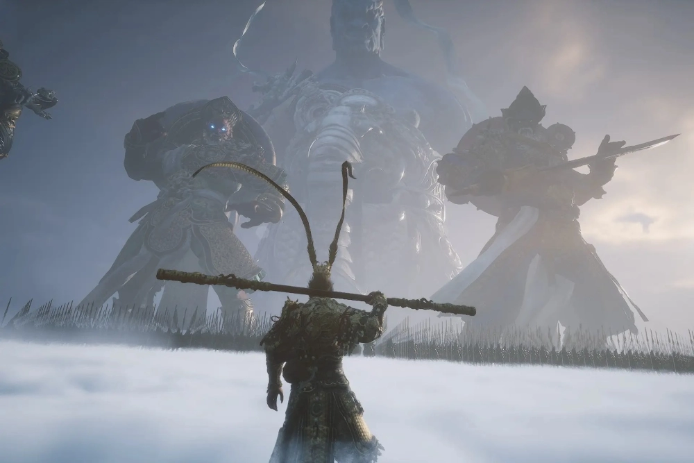 Hình nền Tôn Ngộ Không Black Myth 4k mang đến vẻ uy nghiêm của Tề Thiên Đại Thánh trên đỉnh núi.