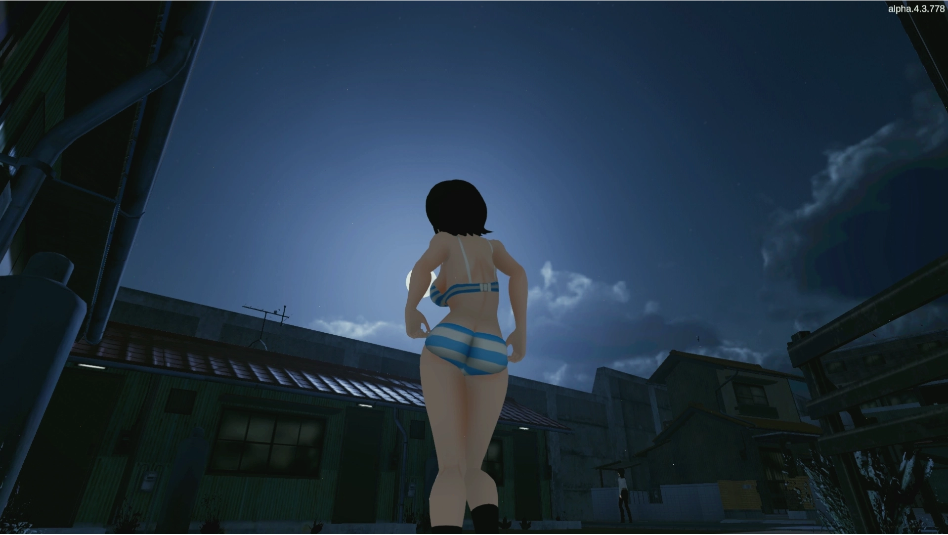 Cảnh trong game Roshutsu thể hiện Rika khám phá thị trấn