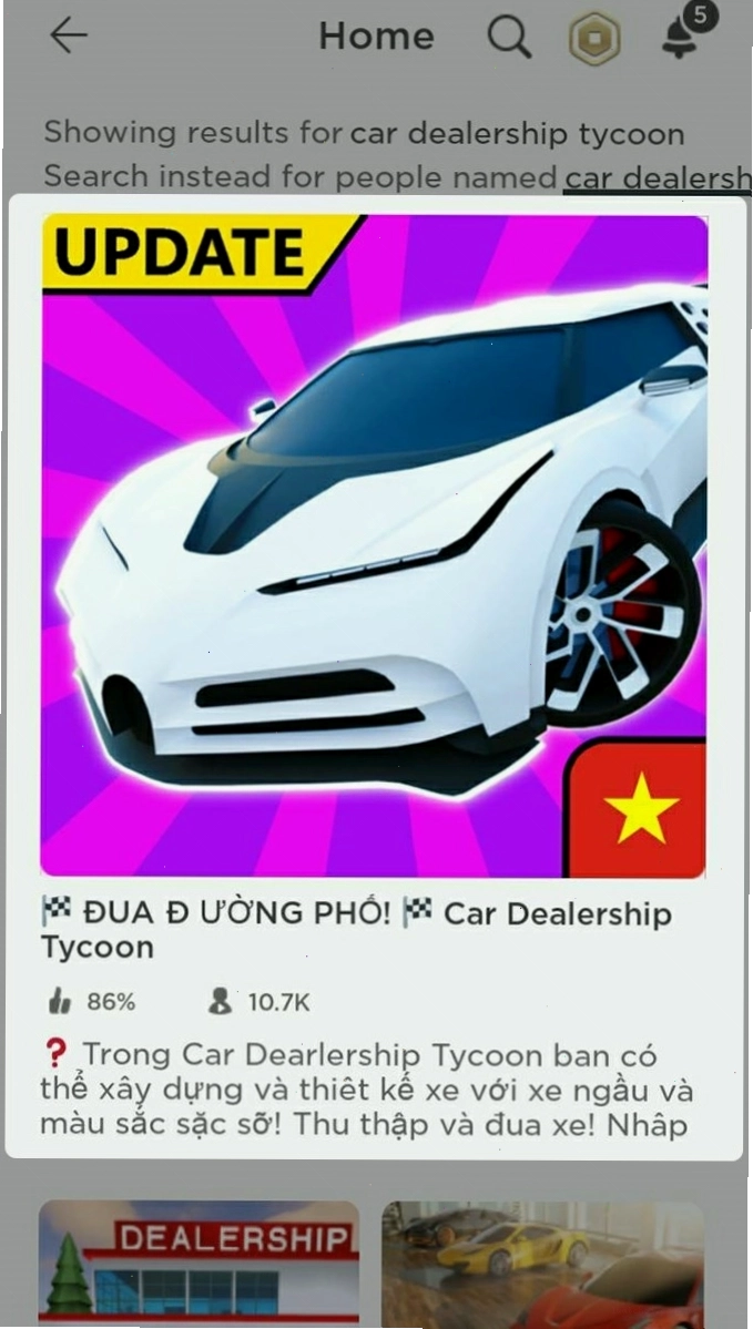 Chọn Car Dealership Tycoon trên Roblox để bắt đầu