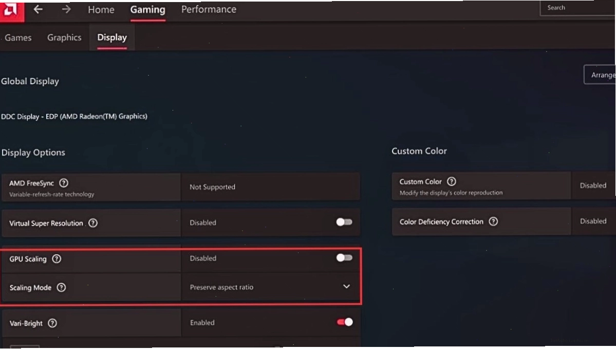 Điều chỉnh các cài đặt Scaling Mode và GPU Scaling
