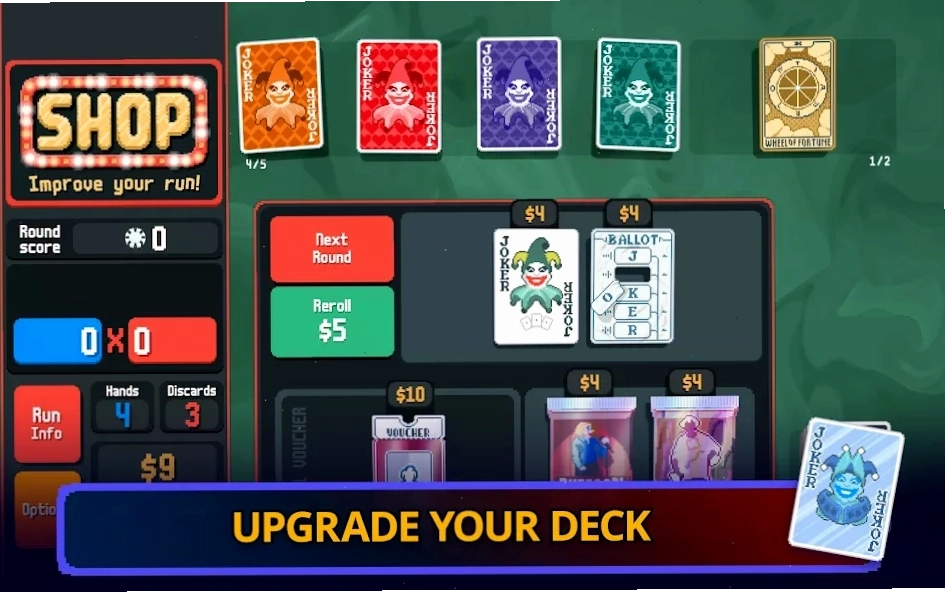 Giao diện game Balatro với các lá bài Poker và Joker