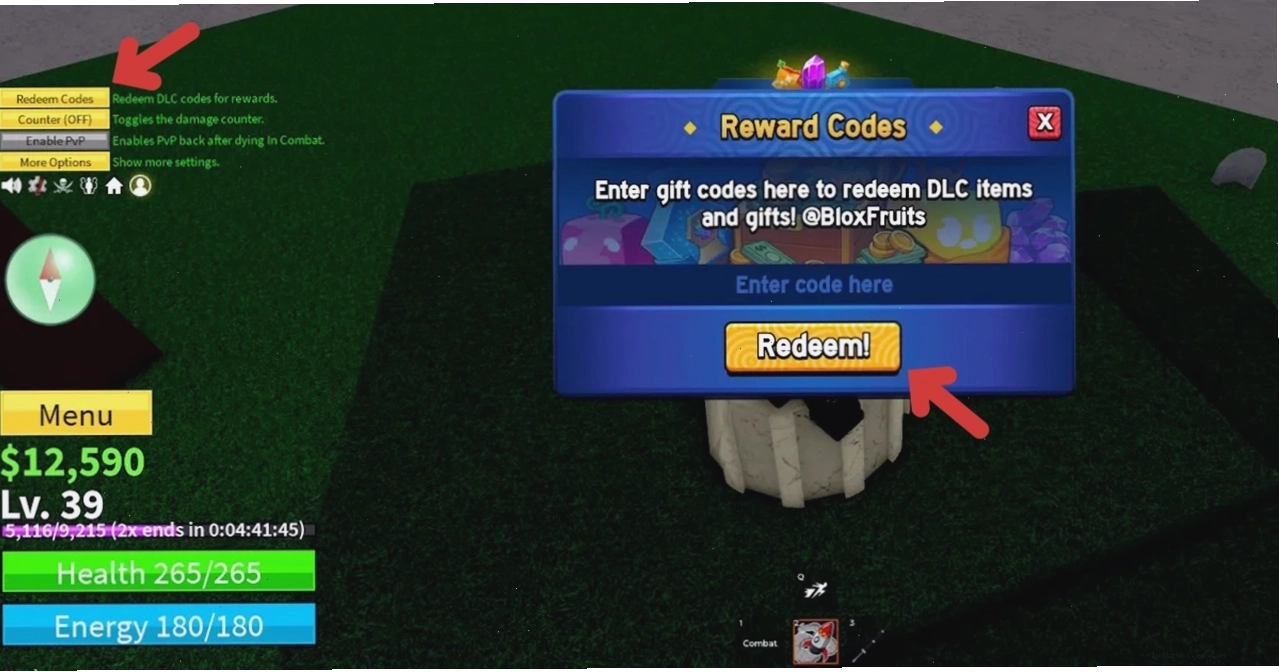 Giao diện game Blox Fruit với thông báo nhận code X2 Mastery