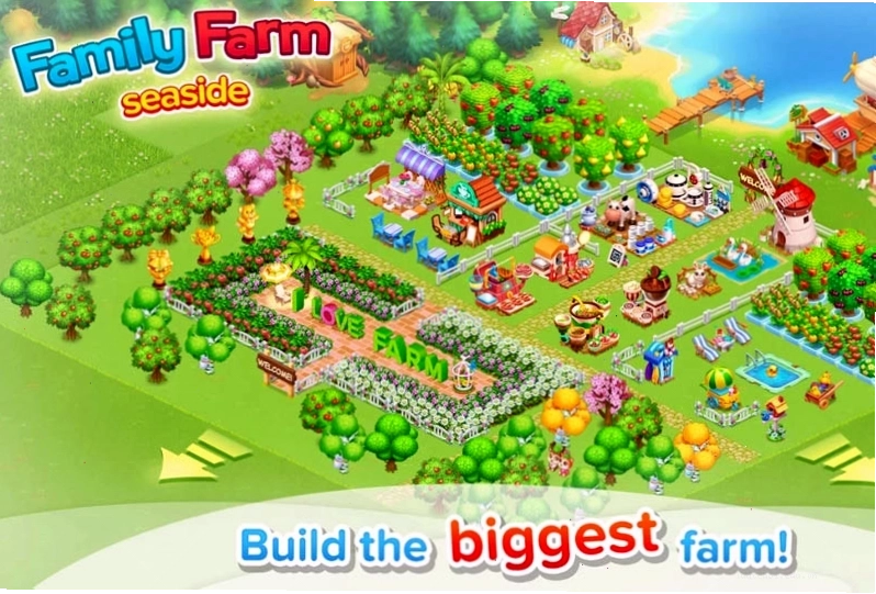 Giao diện game Family Farm Seaside với bờ biển và trang trại