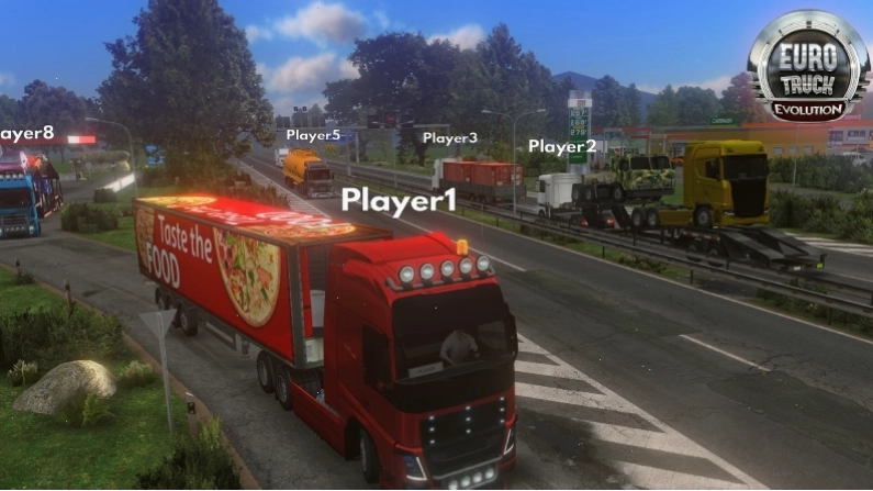 Giao diện game World Truck Driving Simulator với chiếc xe tải lớn trên đường cao tốc
