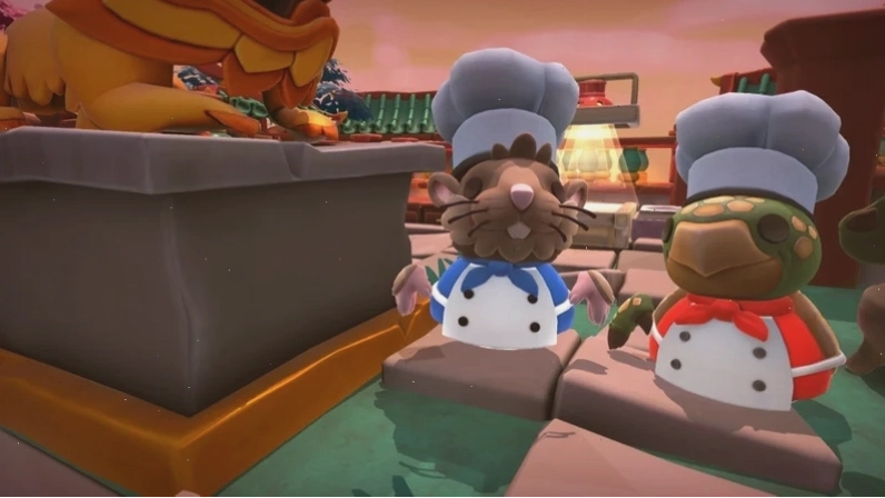 Giao diện gameplay Overcooked 2 với nhiều món ăn đang được chế biến