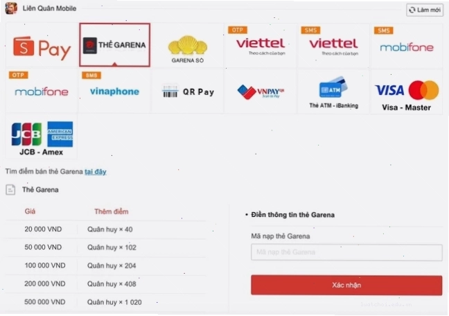 Giao diện nạp quân huy Liên Quân Mobile với các tùy chọn mệnh giá khác nhau