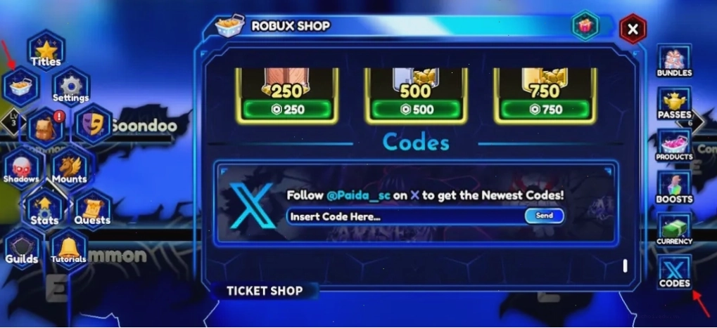 Giao diện nhập code Arise Crossover trong game