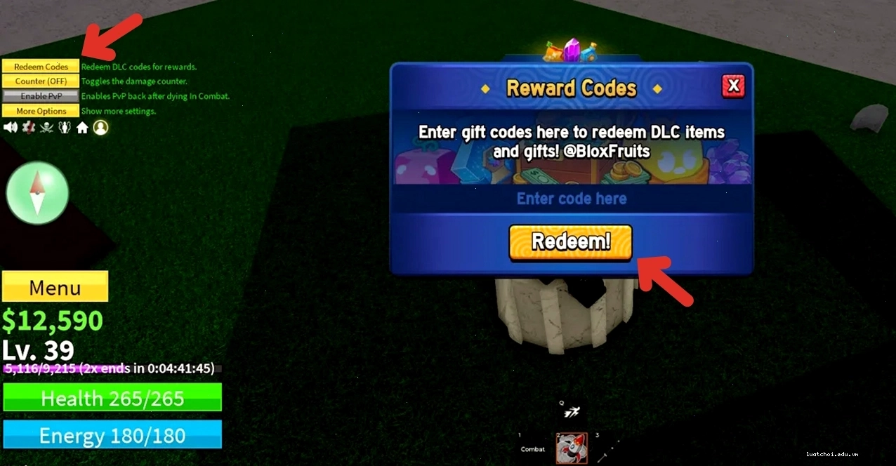 Giao diện nhập code Blox Fruit trên mobile