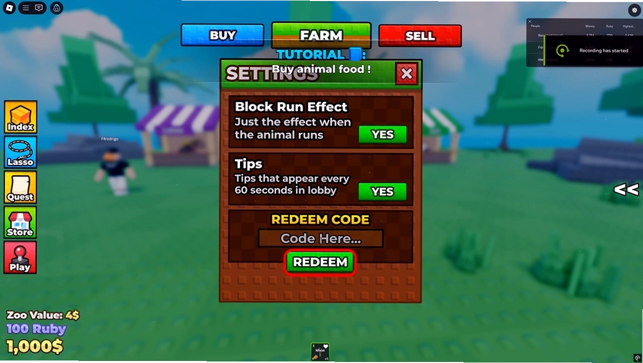 Giao diện nhập code Raise Animals trong game