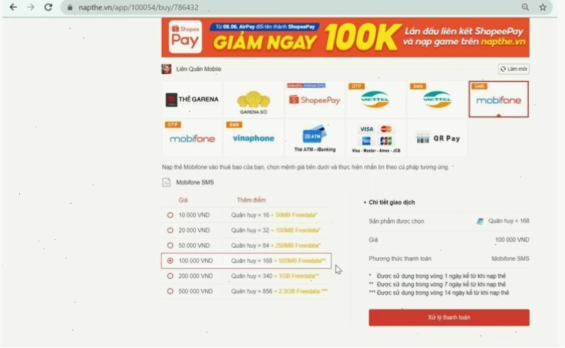 Giao diện trang nạp thẻ Garena cho các tựa game phổ biến