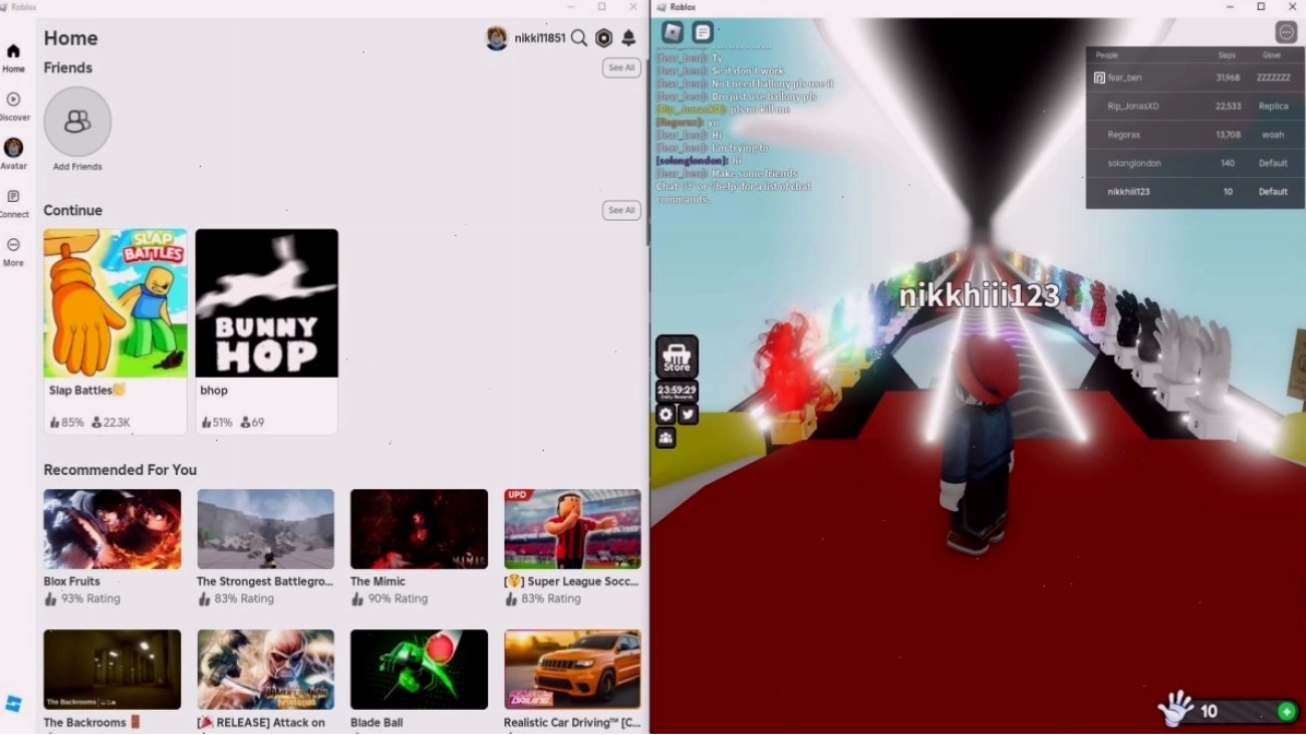 Hai cửa sổ Roblox hiển thị song song khi sử dụng Roblox Account Manager