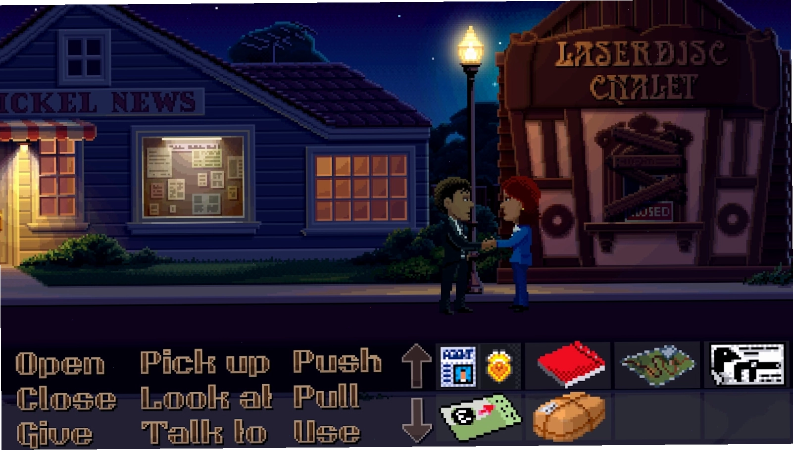 Hình ảnh trong game Thimbleweed Park với phong cách đồ họa pixel