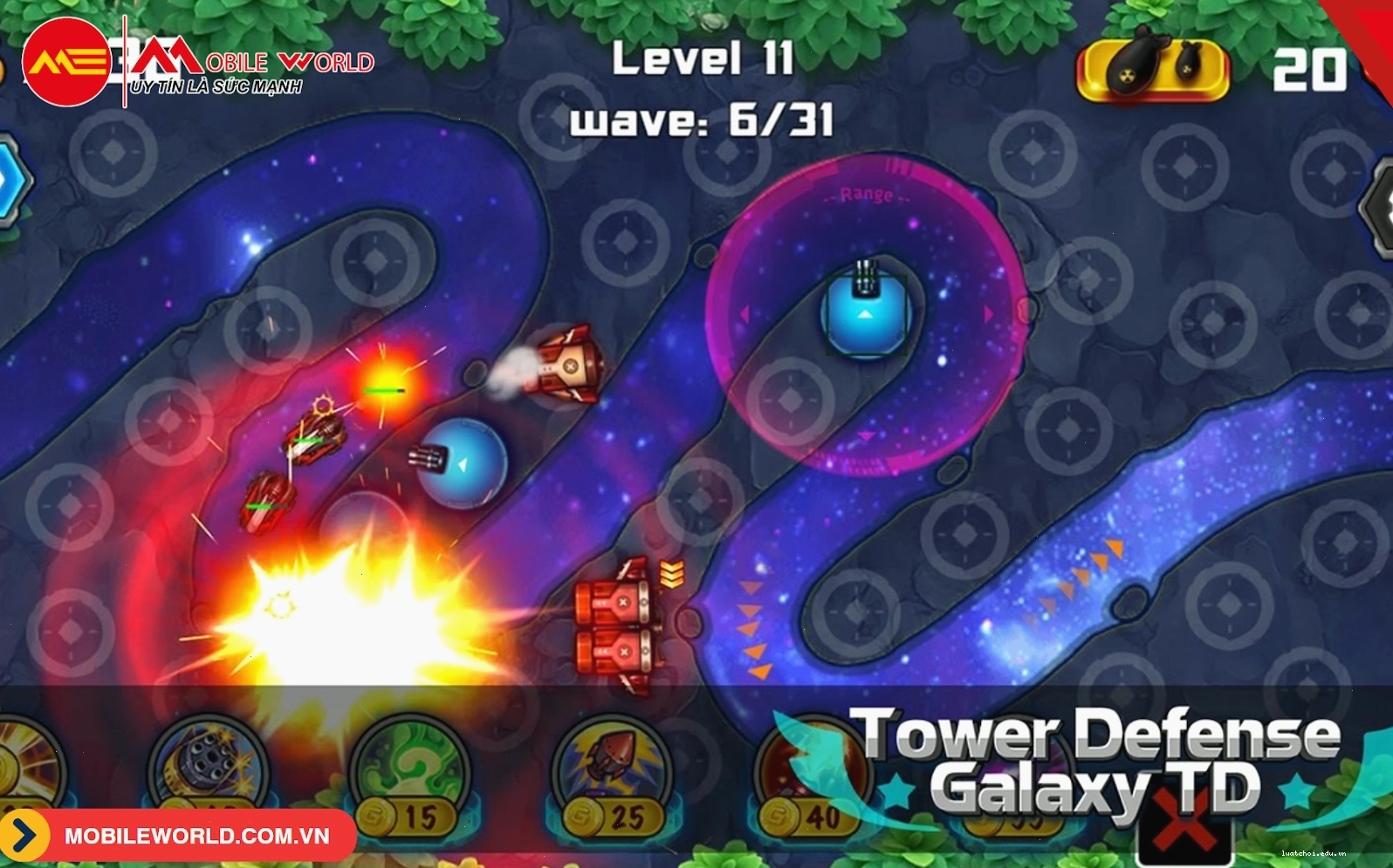 Minh họa đa dạng các loại tháp phòng thủ và kẻ địch trong game thủ thành