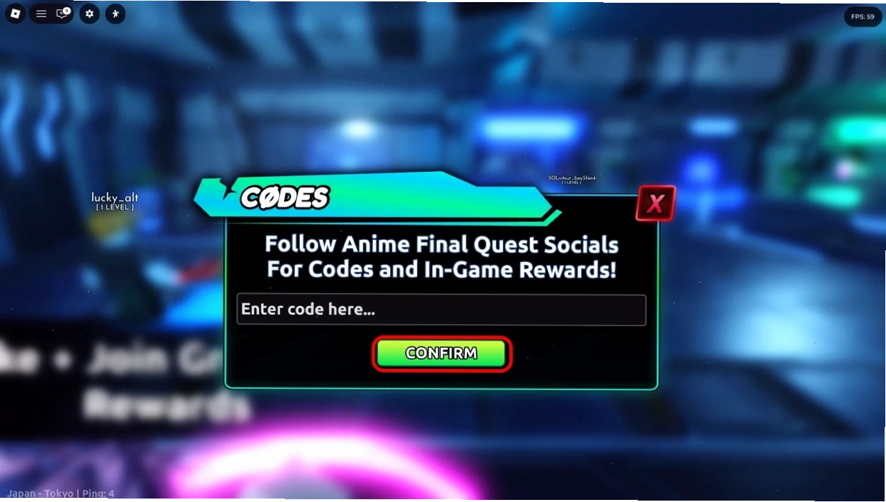 Nhập mã code vào ô và xác nhận để nhận quà Anime Final Quest