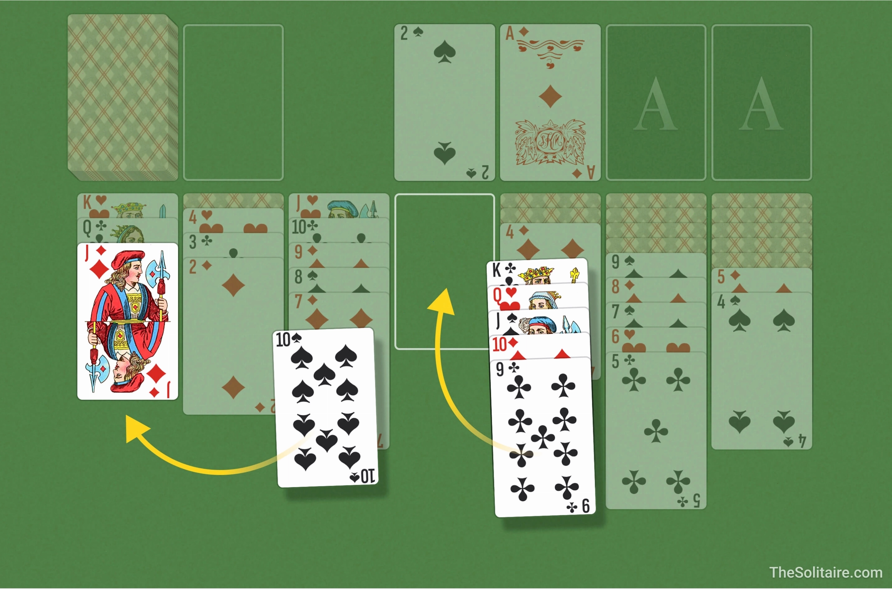 Ví dụ về việc di chuyển lá bài giữa các cột trong Solitaire